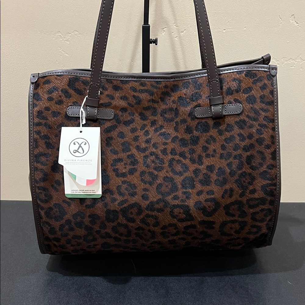 Divina Firenze | Genuine Leather Chocolate Brown Cheetah Print Tote Bag